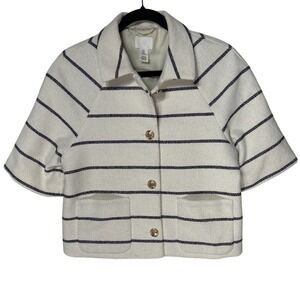 H&M Striped Short Sleeve Textured Jacket Ivory Gold Crest Button Size M EUC